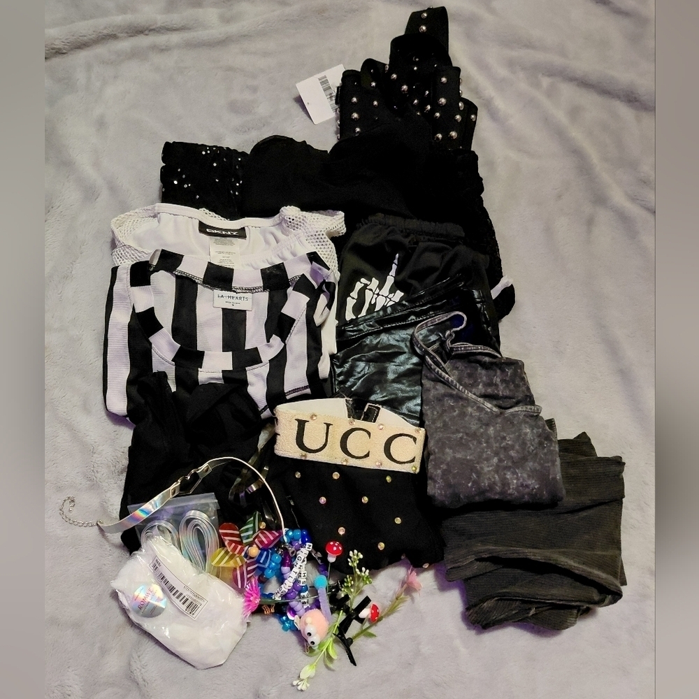 Black & White Rave Festival Techno Bodysuit Pants Top Mesh Acess Bundle Sz Small